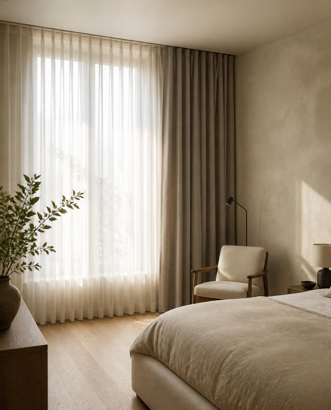 Illustration: hotel room with a made-to-measure sheer and blackout curtain in front of a large window