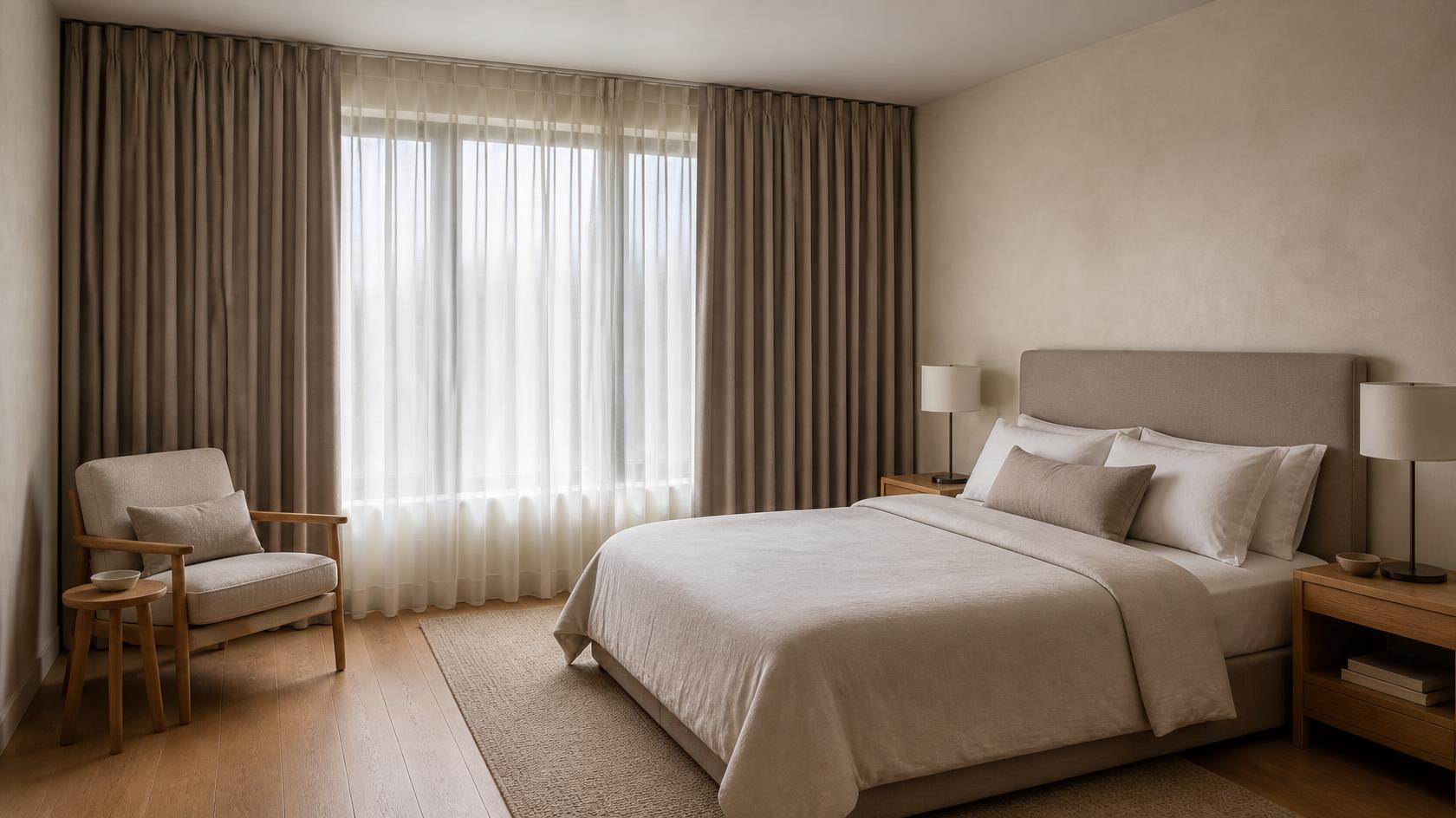 Illustration: overall view of a hotel room, with the window dressed in a sheer and blackout curtains