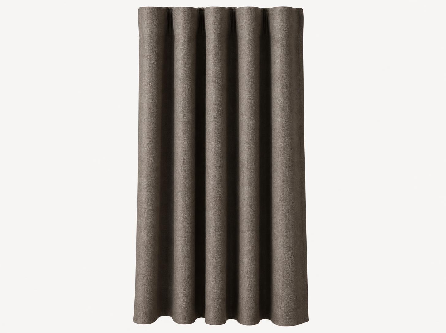Textured taupe acoustic curtain with pinch pleats