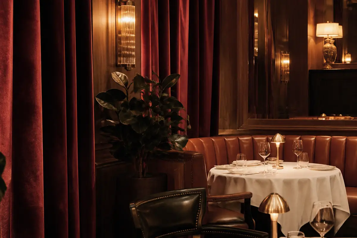 Hotel restaurant in the evening, burgundy velvet curtains with deep folds, cognac leather banquettes, brass wall lights and white tablecloths